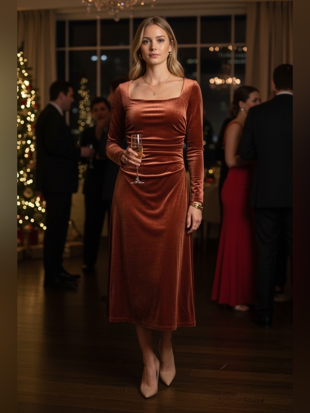 Banana Republic Velvet Ruched Long Sleeve Midi Dress